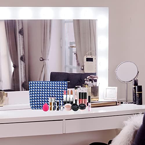 Flat Makeup Bag for Women, Zipper Cosmetic Pouch for Purse, Grid Lake Blue - Image 6