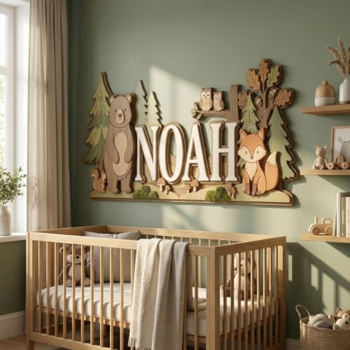 Personalized Woodland Baby Name Sign, Custom Forest Bear Fox Owl Nursery Wall - Image 6