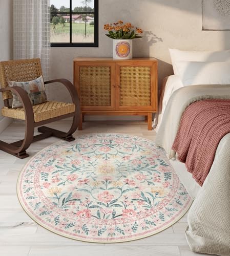 Lahome Sylvie Boho Light Pink Round Rug 4ft, Washable Small Circle Rugs - Image 3