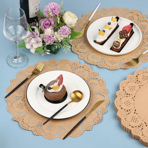 MCEAST 300 Pack Round Brown Kraft Paper Doilies 13.5 Inches Lace Paper Place - Image 5