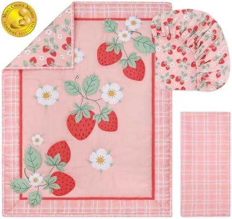 The Peanutshell Strawberry Sweet 3-Piece Baby Girl Crib Bedding Set – Pink - Image 2
