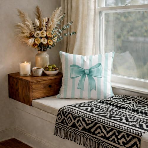 Aqua Bow Decorative Throw Pillow 18x18 Inch – Cute Blush Pink Striped Pillow - Image 6