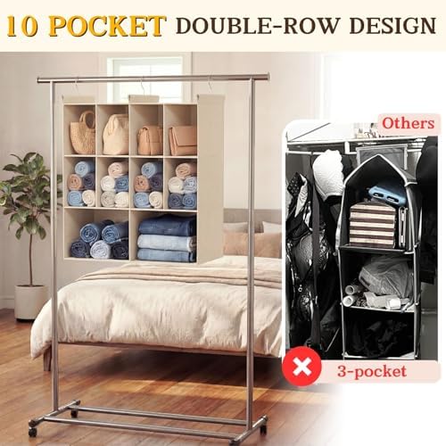 3 Tier Hanging Closet Organizer, 10 Compartments Dual Row Storage - Image 4