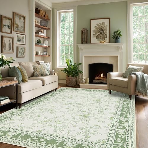 Sage Green Area Rug 6x9 Floral Print Washable Throw Rugs - Image 6