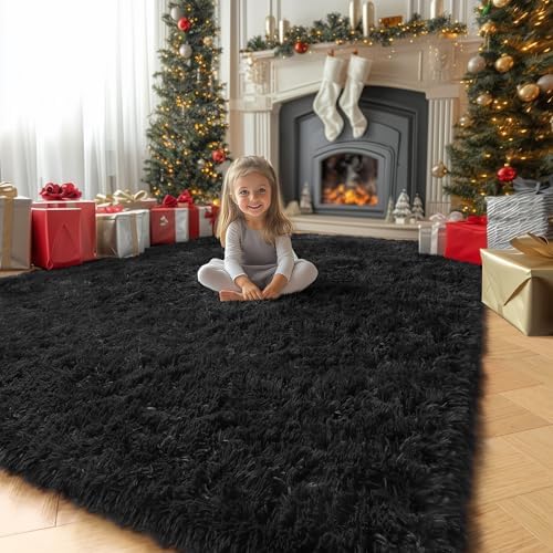 Amdrebio Black Fluffy Fuzzy Area Rug 4x6 - Image 5