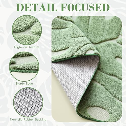 Sage Green Monstera 6x6 Round Area Rugs High-Low Plush Pile Washable - Image 4
