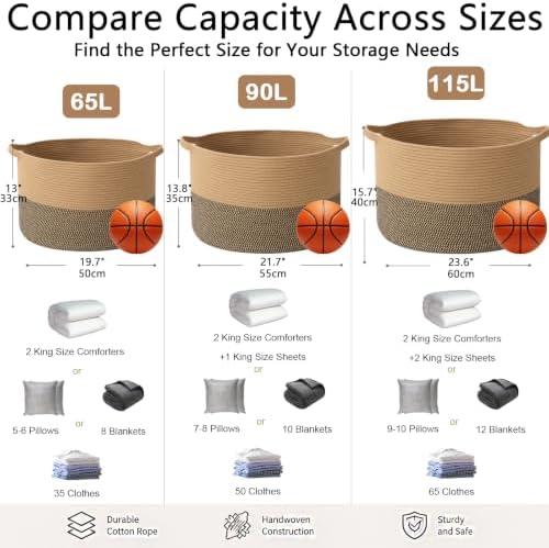 65L Large Blanket Basket, Rope Woven Laundry Baskets-Jute&Black - Image 2