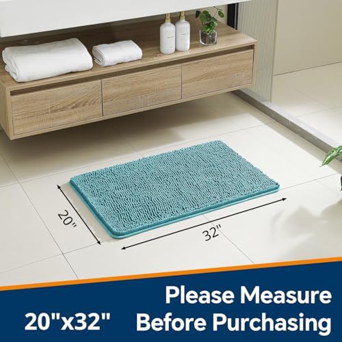 Chenille Bathroom Rug 20"x32" Aqua, Non-Slip Plush Bath Mat - Image 2