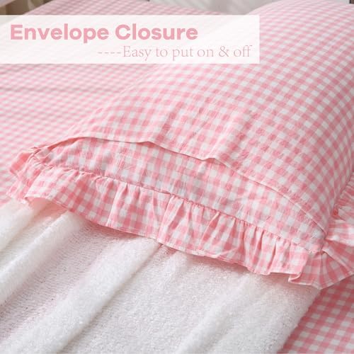 2 Pack Coral Pink Gingham Ruffle Standard Pillow Shams 20"x26" - Image 4