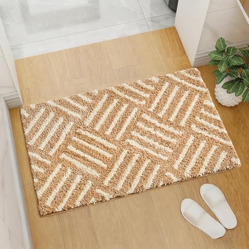ORTIGIA Striped Khaki Bathroom Rugs Non Slip Washable, 20x30 Quick Dry - Image 3