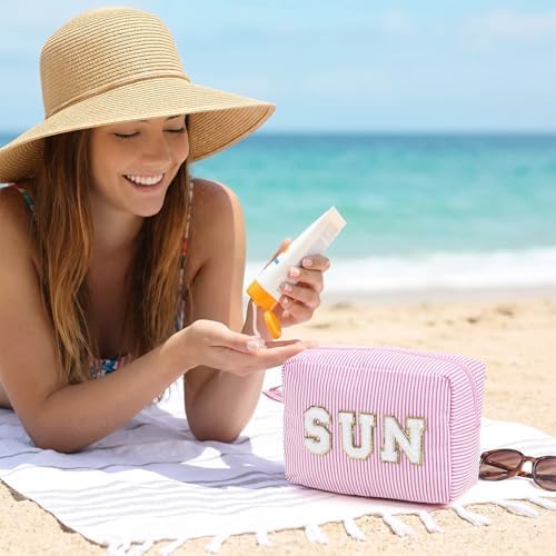 Sanwuta Seersucker Cosmetic Bags Sun Bags Stripe Preppy Cosmetic Bag Sunscreen - Image 6