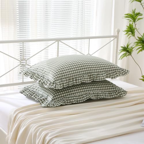 2 Pack Sage Green Gingham Ruffle Standard Pillow Shams 20"x26" - Image 3