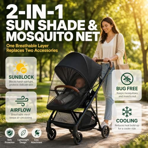 DUOMI 2-in-1 Stroller Cover UPF 50+ Sun Shade & Mosquito Net 3D Canopy - Image 2