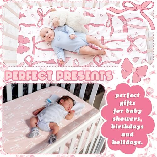 Peryiter 4 Pack Crib Sheets for Baby 52'' X 28" Pink Bow Crib Sheet - Image 4