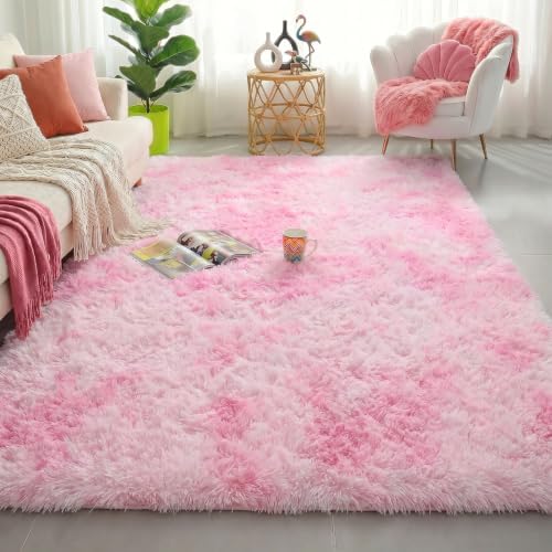 Amdrebio Pink White Fluffy Kawaii Area Rug 4x6 by Amdrebio