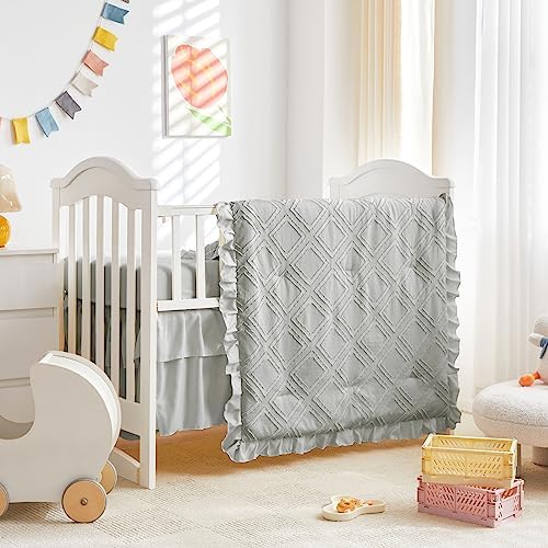 Mini Crib Bedding Set 3 Pieces Baby Boho Quilted Tufted Ruffles Comforter by Uozzi+Bedding