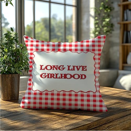 Long Live Girlhood Red Gingham Pillow Cover 18x18, Preppy Girls Playroom Room - Image 5