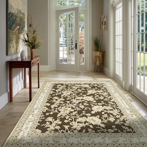 Floral Boho Rug 4x6 with Washable Non Slip Boho Soft Carpet Brown Beige - Image 6