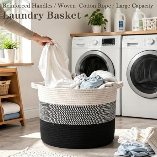 90L Extra Large Blanket Basket, Woven Laundry Basket-Mixed Black - Image 5