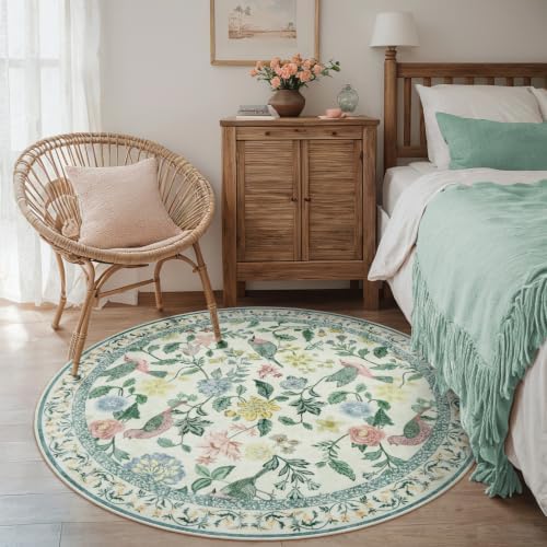 Rugalia Green Floral Round Rugs 4ft, Washable Boho Circle Rug - Image 6