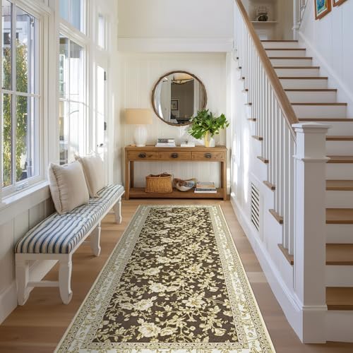 Brown Boho Washable 3x8 Extra Long Hallway Runner Rug Kitchen Floor Rugs by BILEEHOME