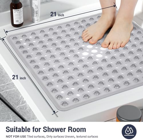 Square Shower Mat Bathtub Bath Mat Non Slip Clear Grey 21"x21" - Image 5