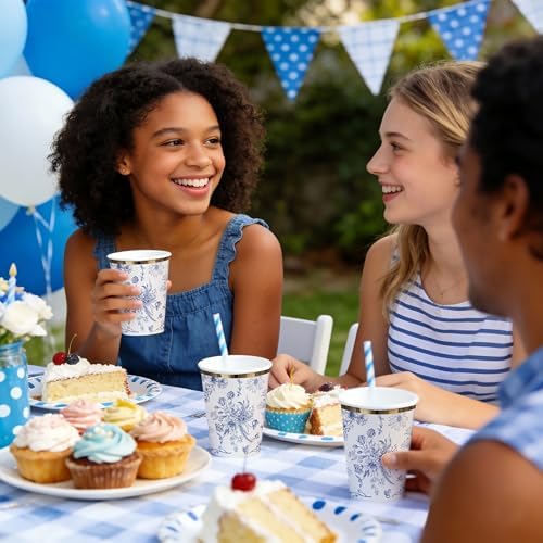 WRAPAHOLIC 50 Pcs Floral Paper Cups - 9 oz Blue Toile Flower Disposable Cup - Image 7