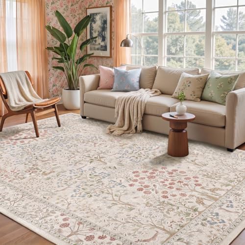 Cream Woodland Rugs for Living Room 6x9, Tree of Life Floral Animal Print by Jainmy