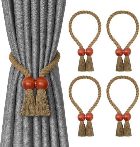 NICEEC 4 Pack Wooden Ball Magnetic Curtain Tiebacks Boho Home Decor Drape Tie by NICEEC