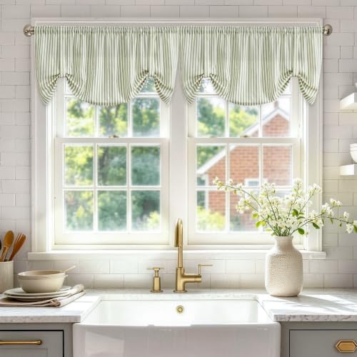 jinchan Linen Boxter Striped Kitchen Valances Sage Green 18 inch 2 Panels by JINCHAN