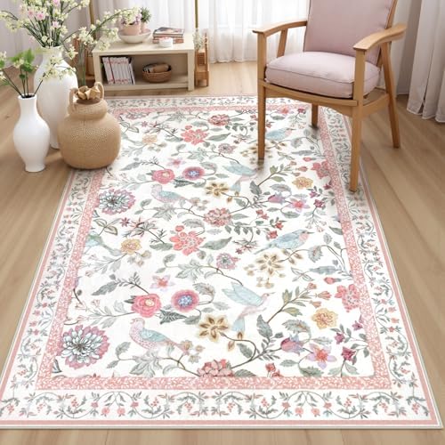 Rugalia Washable Floral Area Rug, 4x6 Pink Girls Bedroom Rug Soft Non-Slip by Rugalia