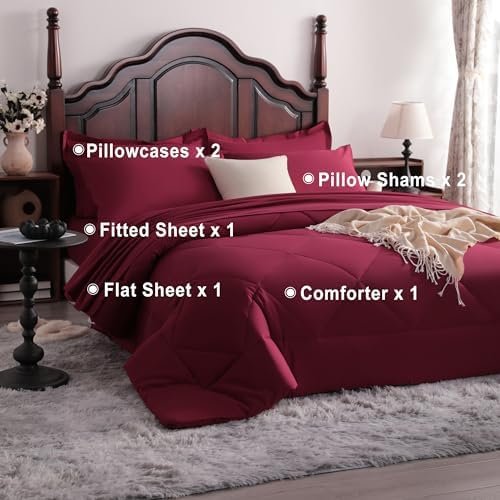 NTBAY Queen Microfiber Bed in a Bag, Comforter Set 7 Piece, Wine Red - Image 4