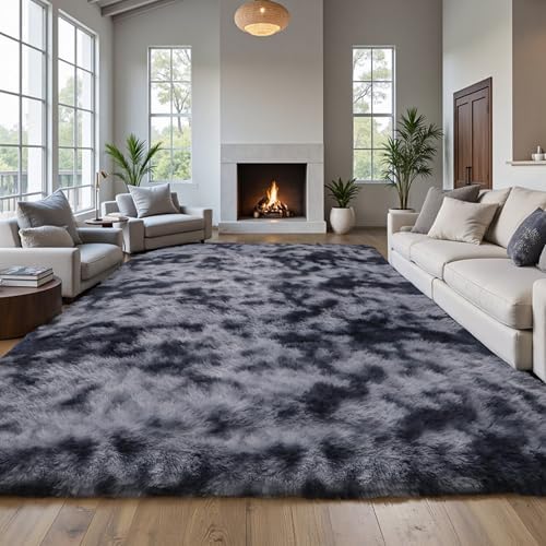 Grey Fluffy 8x10 Area Rug, Tie-Dye Dark Gray Soft Washable Shag Carpet - Image 5