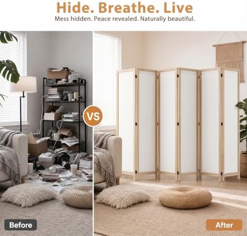 Wood Room Divider Panel with Linen Fabric, Boho Folding Privacy Screen 67" - Image 6