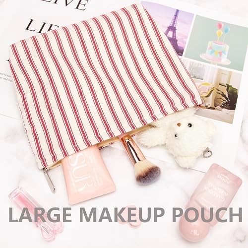 Flat Makeup Bag for Women, Zipper Cosmetic Pouch Purse, Vintage Stripe Red - Image 4