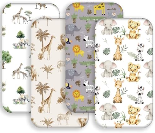 4 Pack Safari Jungle Animals Neutral Unisex Fitted Nursery Baby Sheets Set by FIGEPO