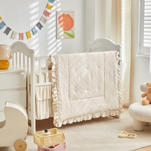 Mini Crib Bedding Set 3 Pieces Baby Boho Quilted Tufted Ruffles Comforter by Uozzi+Bedding