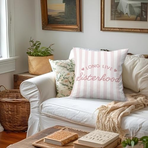 Pink Girl Nursery Decor Pillow Covers 18x18, Long Live Sisterhood Preppy Pink - Image 4