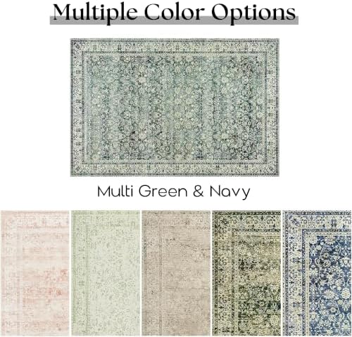 Green and Navy Washable Rug Runners 2x6 Vintage Floral Rugs - Image 6