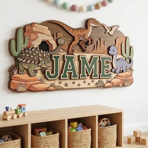 Personalized Dinosaur Nursery Name Sign, Custom Dino Bedroom Wall Decor by HANZSPROUT