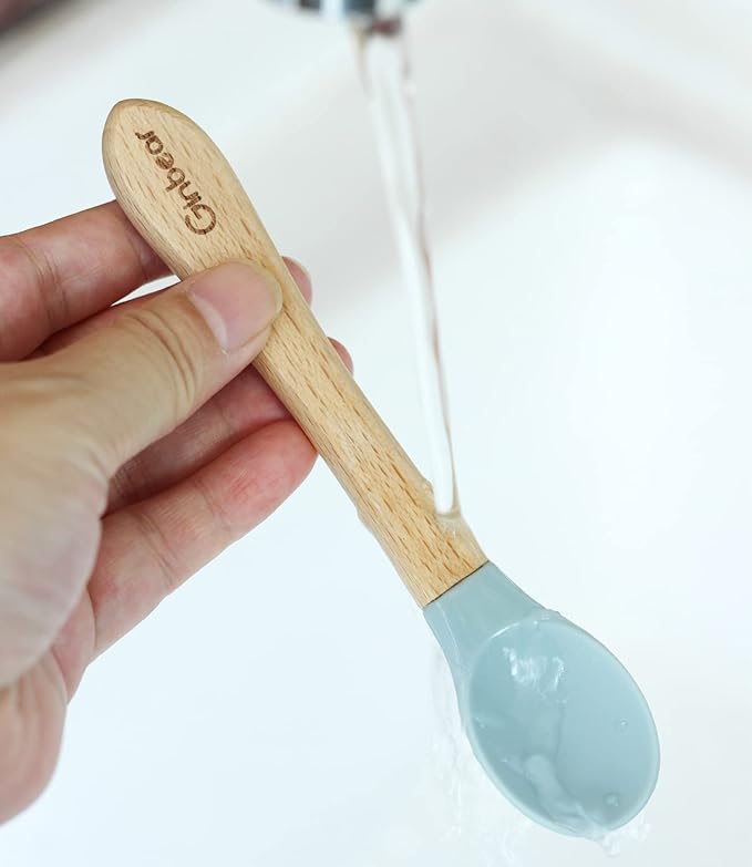 Ginbear Silicone Baby Spoons and Forks Self-feeding 12-18 Months, Soft-Tip Baby Flatware Sets, Toddler Feeding Utensils for Child, 4 Piece Set (Hazy Green/Almond)