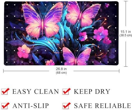 Bathtub Mat Non Slip 26.8x15.1In, Neon Butterflies Bath Mat - Image 4