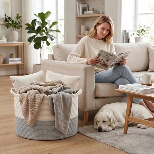 90L Extra Large Blanket Basket, Woven Rope Laundry Basket-White&Grey - Image 4