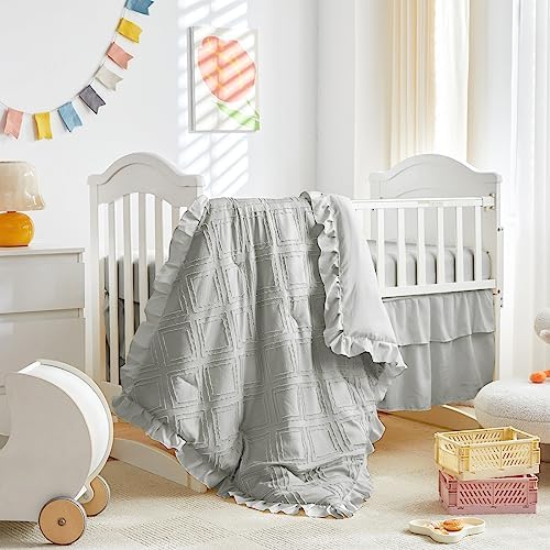 Mini Crib Bedding Set 3 Pieces Baby Boho Quilted Tufted Ruffles Comforter - Image 2