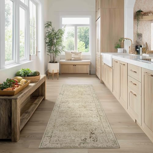 Neutral Farmhouse Hallway Rug Runner 2x6 Washable Rugs Tan Brown and Cream by BILEEHOME