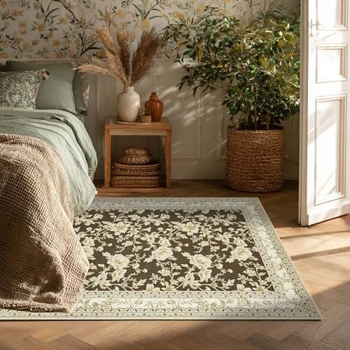 Floral Boho Rug 4x6 with Washable Non Slip Boho Soft Carpet Brown Beige - Image 3