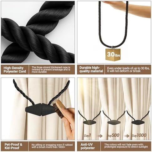 Hion Magnetic Curtain Tiebacks Black 2pcs, Curtain Holdbacks Hooks Holders - Image 4