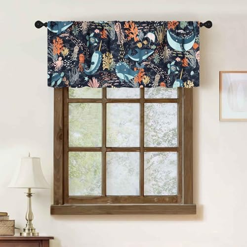 Cartoon Shark Window Valance, Ocean Cartoon Fish Under The Sea Animals Turtle - Image 2