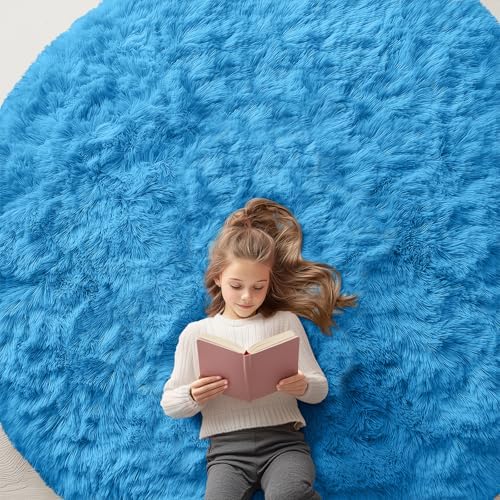 OLANLY Bright Blue Round Rugs for Bedroom by OLANLY