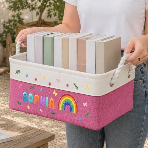Macorner Personalized Rainbow Name Storage Basket, Custom Kids Book Storage Bin - Image 6